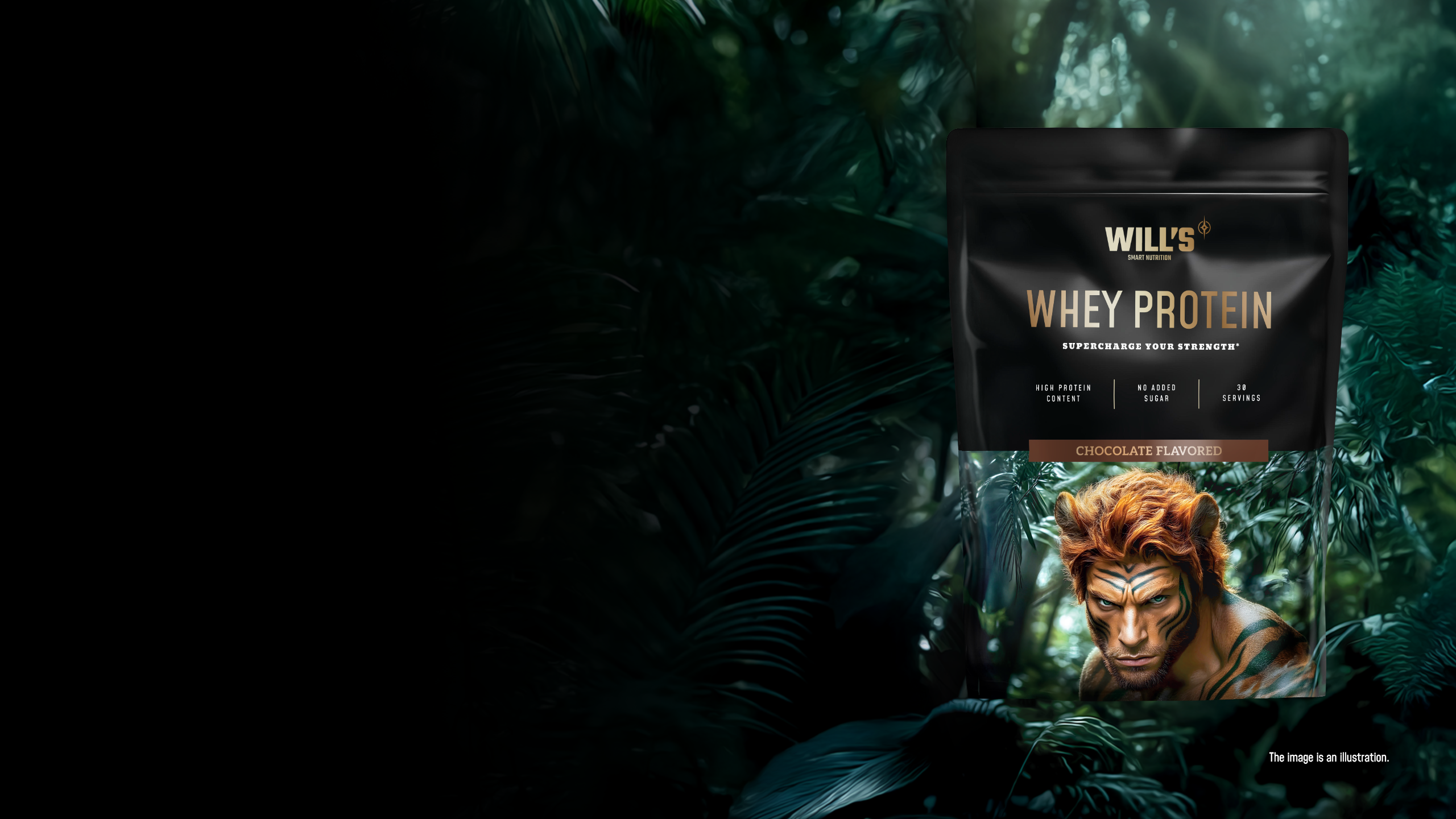 WILL's Whey Protein in the dark jungle, forest-like settings