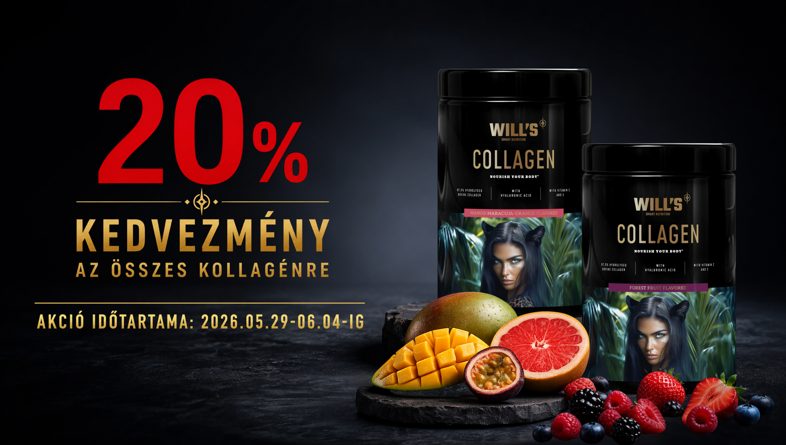 Wills Collagen products with fruits on a dark background and promotional text.